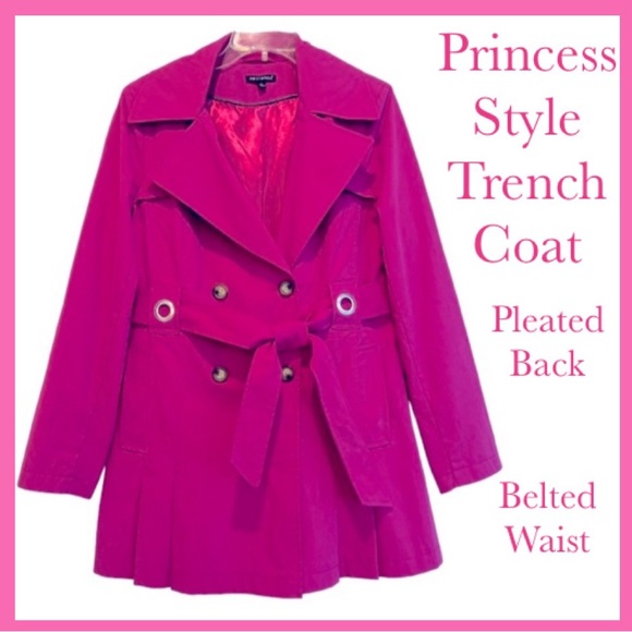 Princess Style Trench Coat Belt Double Breasted Pleated Hot Pink Size Large - Picture 16 of 16